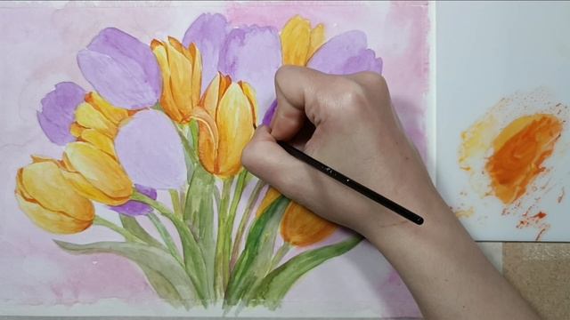 Рисуем акварелью букет с желтыми и фиолетовыми тюльпанами смотреть онлайн