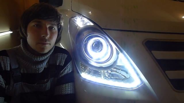 Hyundai Starex H1 тюнинг фар установка светодиодных би модулей, гибких ходовых огней и ангельских г смотреть онлайн