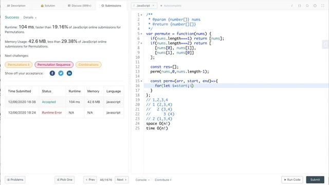 LeetCode 46 Permutations in javascript смотреть онлайн