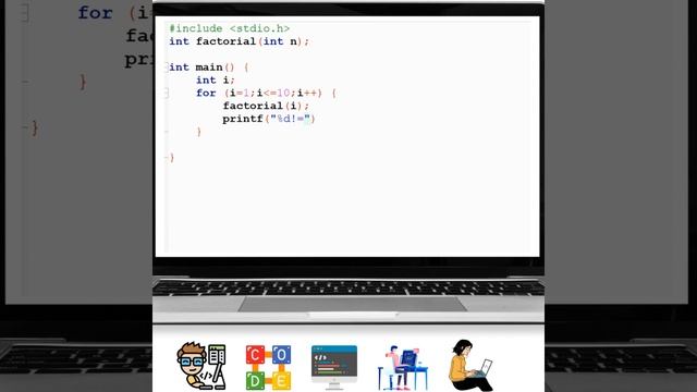 C Function Code to print factorial of numbers 1 - 10 смотреть онлайн