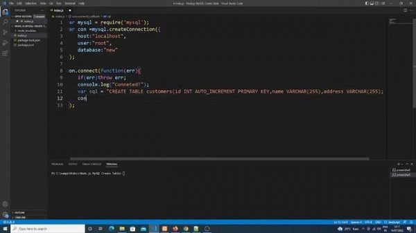 Node js MySQL Create Table