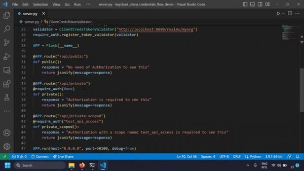 Implement OAuth 2.0 Client Credentials flow in flask server and python client applications