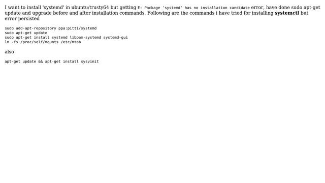 Ubuntu: Can't install systemctl - E: Package 'systemd' has no installation candidate смотреть онлайн