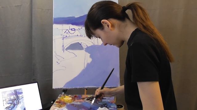 Зимний пейзаж маслом, живопись для начинающих художников, художник Фания Сахарова смотреть онлайн