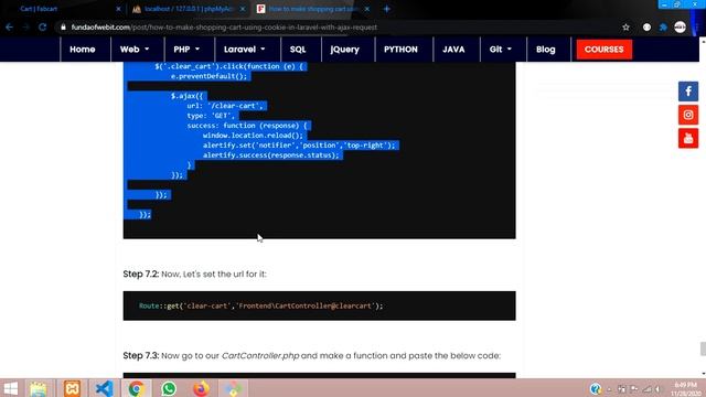 Laravel 5.8 Ecommerce Part-37: Shopping Cart - How to delete or destroy Cookie using jQuery Ajax смотреть онлайн