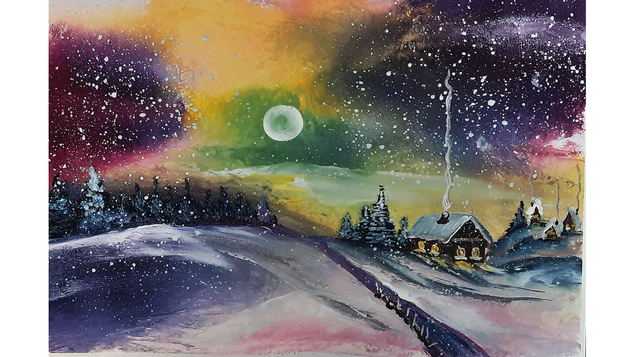 Как нарисовать зимний пейзаж легко, Деревенская зима гуашью. смотреть онлайн