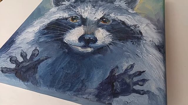 Картина маслом, анималистика, животные, звери: Енот 20х20 см. Oil painting animalism animals Raccoo смотреть онлайн