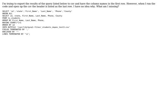 Mysql output to csv putting column names on the bottom смотреть онлайн
