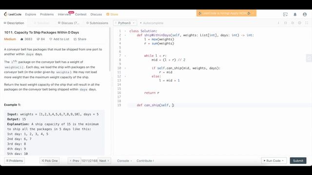 CAPACITY TO SHIP PACKAGES WITHIN D DAYS | SOLUTION EXPLAINED [PYTHON] | LEETCODE 1011 смотреть онлайн