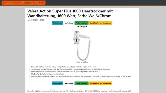 ᐅ Valera Action Super Plus 1600 Haartrockner mit Wandhalterung, 1600 Watt, Farbe Weiß/Chrom смотреть онлайн