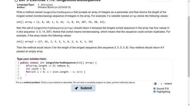 Exercise 7.13 (longestSortedSequence) Java Tutorial || Practice-It смотреть онлайн