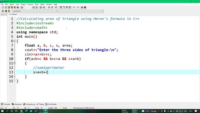 Area of triangle using Heron's Formula in C++ смотреть онлайн