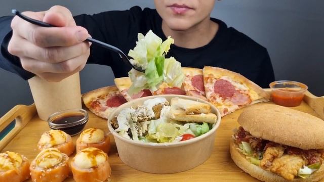 EATING ? TOM YAM? CAESAR SALAD? BURGER? SUSHI? ROLLS? PIZZA? ASMR MUKBANG