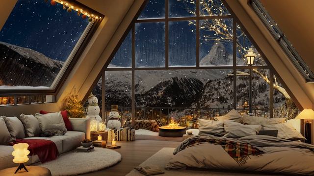 ❄Cozy Winter Night In Cabin Bedroom With Fireplace And Relaxing Jazz | Piano Music For Relax & Slee