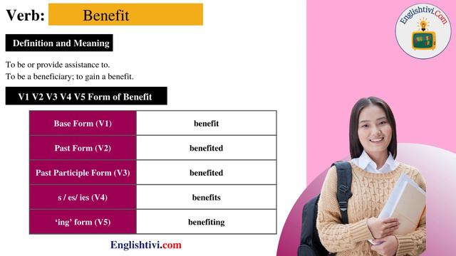 benefit V1 V2 V3 V4 V5 Base Form, Past Simple, Past Participle Form of benefit | Englishtivi.com смотреть онлайн