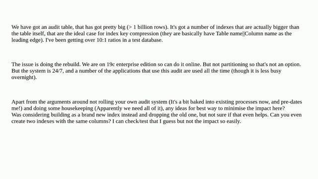Dba: Index rebuild, on a busy table, in a 24/7 system смотреть онлайн