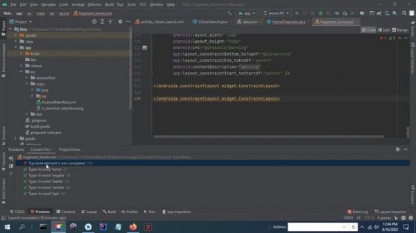 Top level element is not completed : android studio error