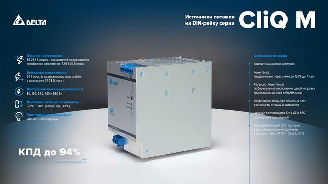 Источники питания на DIN‑рейку серии CliQ M от Delta Electronics смотреть онлайн