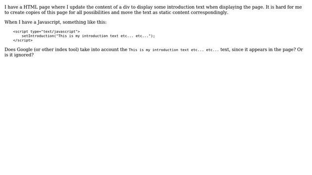 Webmasters: Is text in Javascript HMTL scripts taken into account in Google (or other) indexes? смотреть онлайн