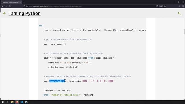 psycopg2 python Connect, fetch data, pass SQL query parameters, error handling смотреть онлайн