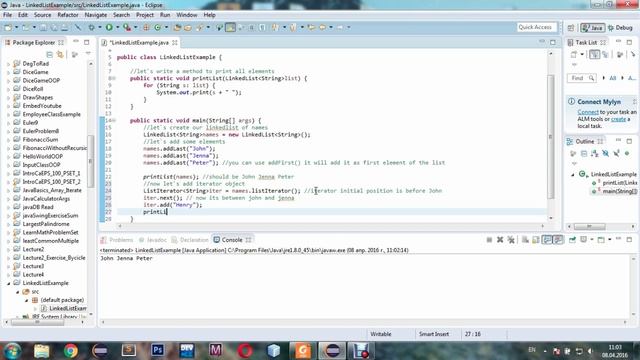 JAVA LinkedList and iterator example смотреть онлайн
