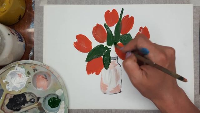 Как нарисовать тюльпаны гуашью. Как нарисовать натюрморт. Рисуем цветы. смотреть онлайн