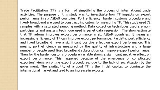 The Impact of Trade Facilitation on Export Performance in Six ASEAN Countries Period 2005 2016 IJA смотреть онлайн
