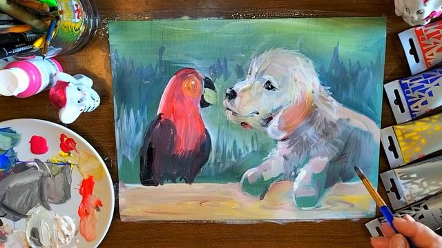 Как нарисовать собаку и попугая | How to draw a dog and a parrot. смотреть онлайн