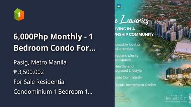 6,000Php Monthly - 1 Bedroom Condo For Sale in Pasig City смотреть онлайн