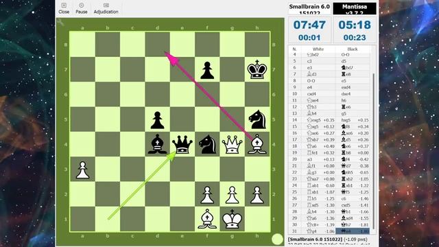 Chess Engine Game SmallBrain 6.0 - Mantissa 3.7.2 a Torre Attack opening Game смотреть онлайн