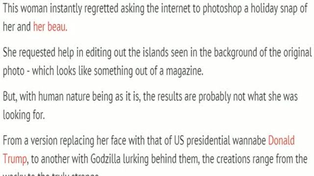 Woman regrets asking internet to Photoshop romantic holiday snap of her and her beau смотреть онлайн