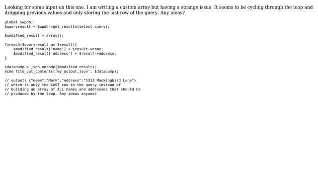 Wordpress: Custom array from a query only write the last row of the query смотреть онлайн