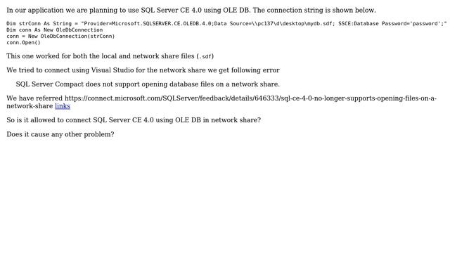 Databases: SQL Server CE 4.0 network share access смотреть онлайн
