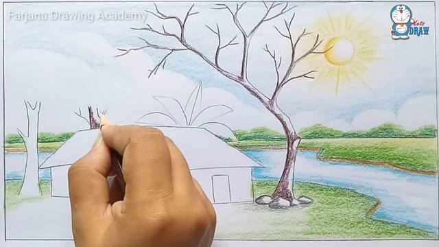 How to draw a village scenery Step by step / Landscape Drawing смотреть онлайн