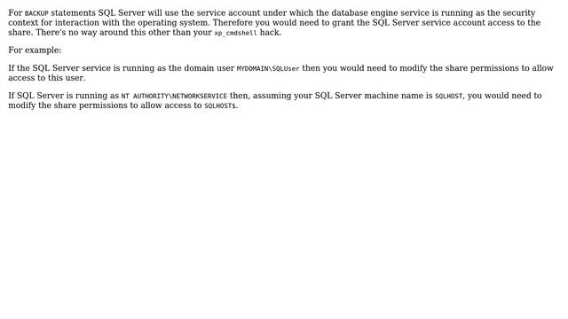 Is there an alternative to xp_cmdshell and net use for backing up MSSQL to UNC as a different user смотреть онлайн