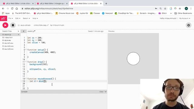 p5.js tutorial -Clicking circles to trigger sound & animation - part 1: dist() function смотреть онлайн
