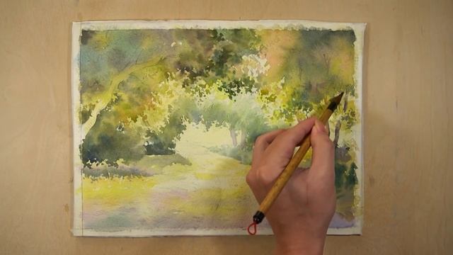 Watercolor painting - Sunlight Dancing Through Leaves Trees смотреть онлайн