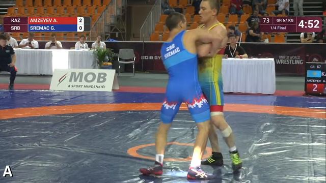 1/4 GR - 67 kg: A. AMZEYEV (KAZ) v. G. SREMAC (SRB) смотреть онлайн