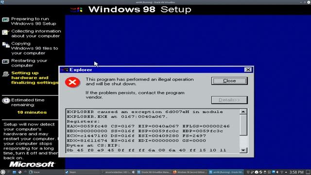OracleVM Virtual Box | Windows 98 Virtual Machine EXPLORER caused an Exception 6d007eH | SHELL32.Dl смотреть онлайн