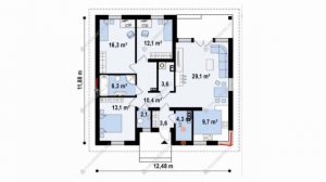 Проект одноэтажного дома 12x12,  планировка дома 12 на 12 до 150 кв.м.