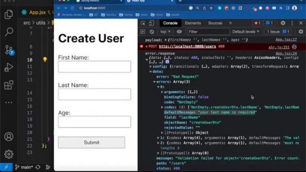 React.js: Handle API/backend response error (validation errors, bad request error)