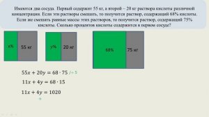 Имеются два сосуда. Первый содержит 55 кг, а второй – 20 кг раствора кислоты различной концентрации
