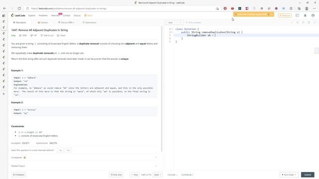 LeetCode 1047 | Remove All Adjacent Duplicates In String | StringBuilder | Java смотреть онлайн