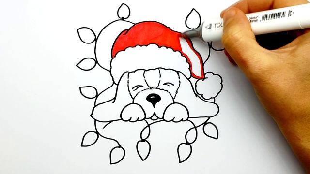 Рисунок на Новый Год Быка 2021 | Как нарисовать Собаку (щенка) в новогодней шапке с гирляндой. смотреть онлайн