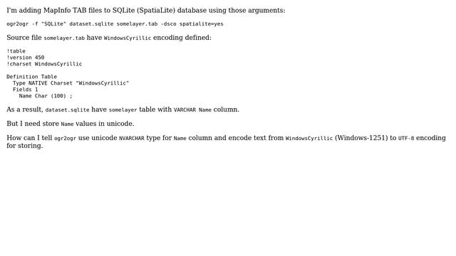 GIS: ogr2ogr + MapInfo TAB + SQLite (SpatiaLite) = unicode problems смотреть онлайн