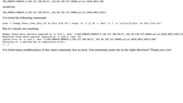 Unix & Linux: How to use grep -f and perl to replace file inline substituting new lines with ";X"? смотреть онлайн