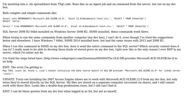 Databases: SQL errors Microsoft.ACE.OLEDB.12.0 on dev box, but works on server смотреть онлайн