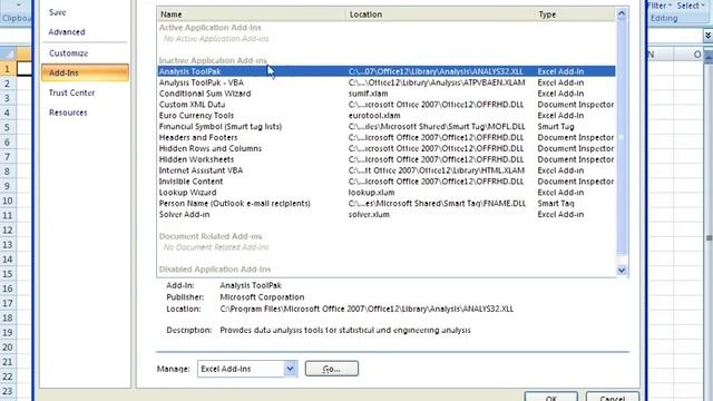 Adding the Analysis ToolPak in Excel 2007 for use in BS1011 смотреть онлайн