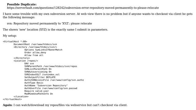 Subversion error: Repository moved permanently to XY; please relocate смотреть онлайн
