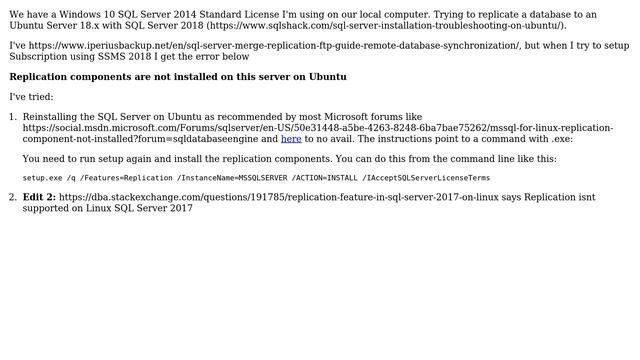 MS SQL Server Error: Replication components are not installed on this server on Ubuntu смотреть онлайн